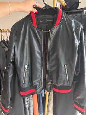 Black Leather Bomber Jacket with Red Trim